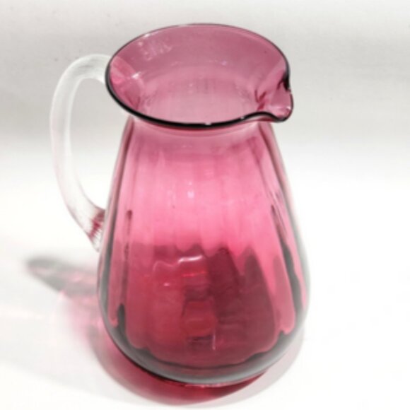 Hand-Blown Pilgrim Cranberry Style Glass Int Optic Ribbed 7" Pitcher Jug Vase - Picture 2 of 11